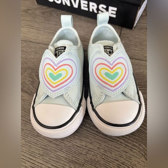 Converse Green and White Slip-On Sneakers with Rainbow Heart Design - Picture 3 of 6